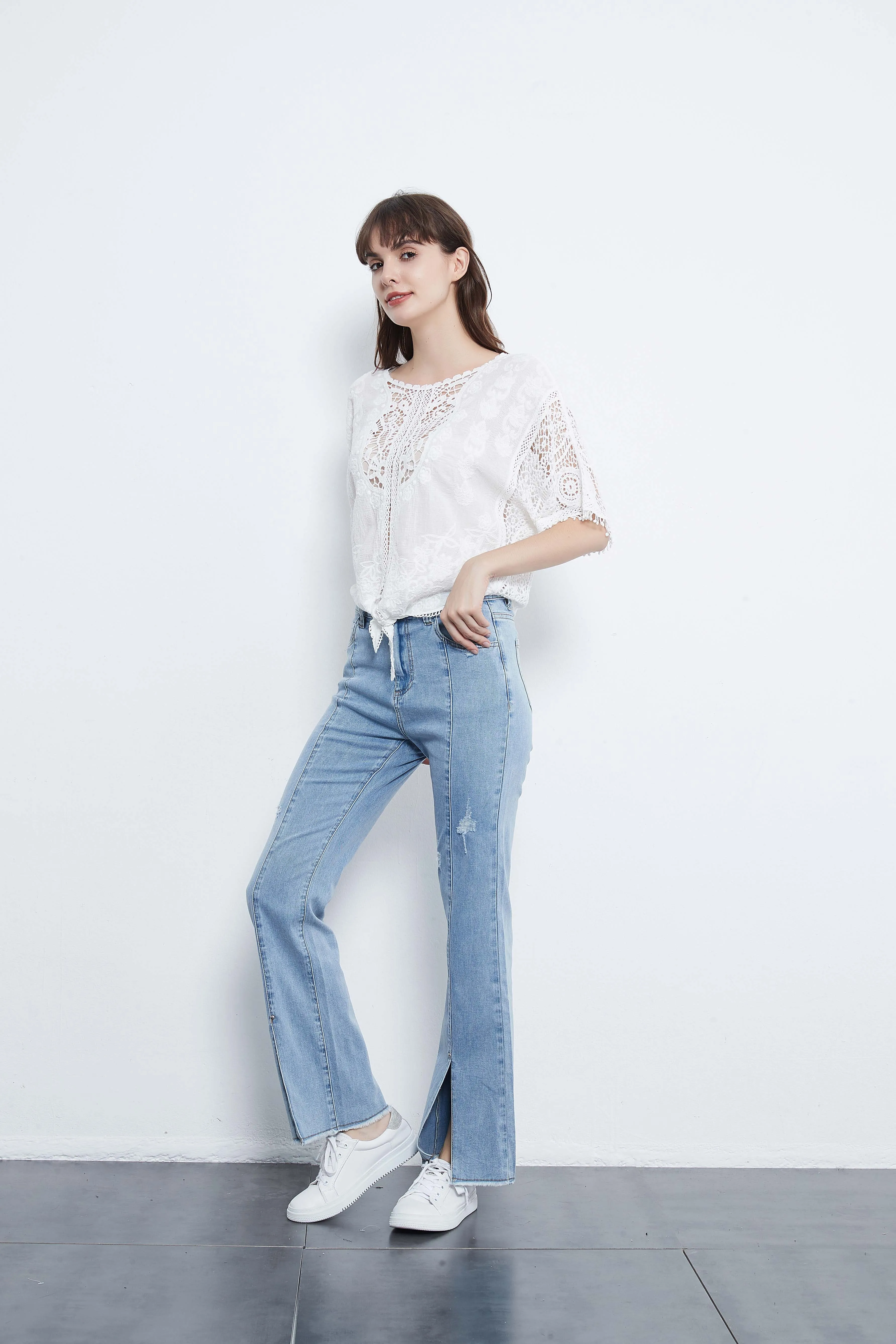 White Lace Crochet Blouse Tie Knot Top