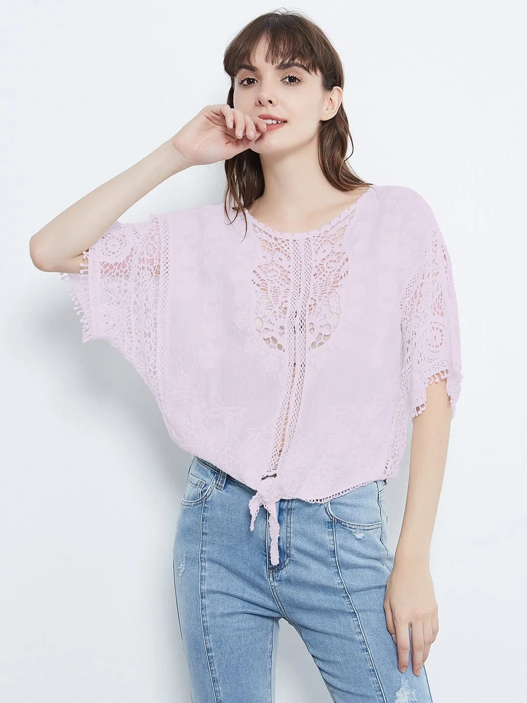 White Lace Crochet Blouse Tie Knot Top