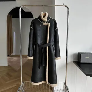 Winter luxury: a long faux leather coat lined with real shearling for maximum warmth and style