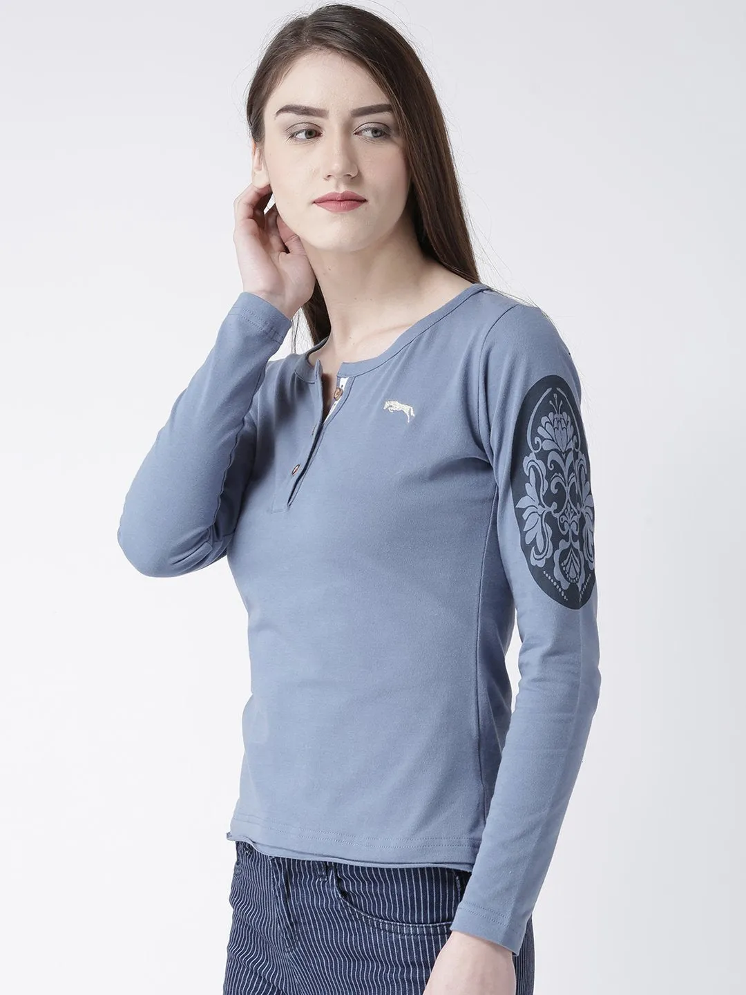 Women Blue Solid Round Neck T-shirt