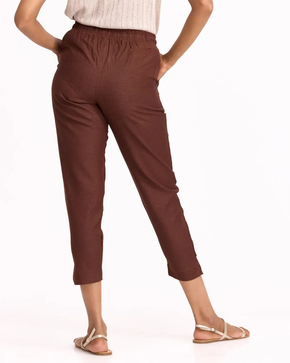 Women Brown Linen - Blend Trousers