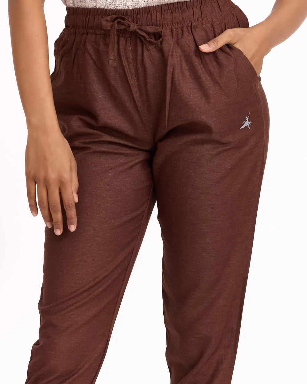 Women Brown Linen - Blend Trousers