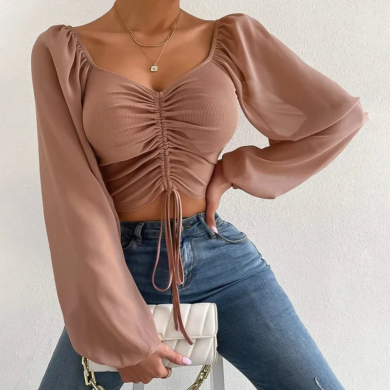 Women Chiffon Blouse V-neck Lantern Sleeve Spring Slim Sheath Blouse