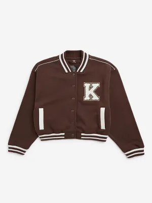 Y&F Kids Brown Applique-Detailed Varsity Jacket