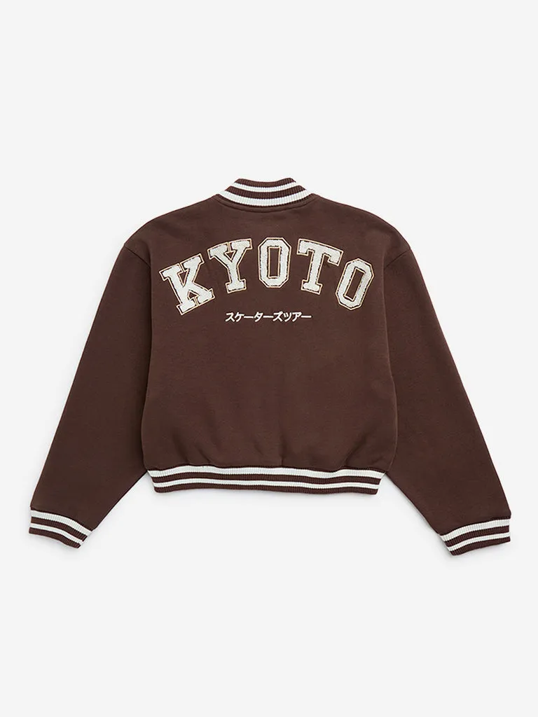 Y&F Kids Brown Applique-Detailed Varsity Jacket