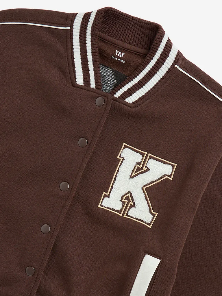 Y&F Kids Brown Applique-Detailed Varsity Jacket